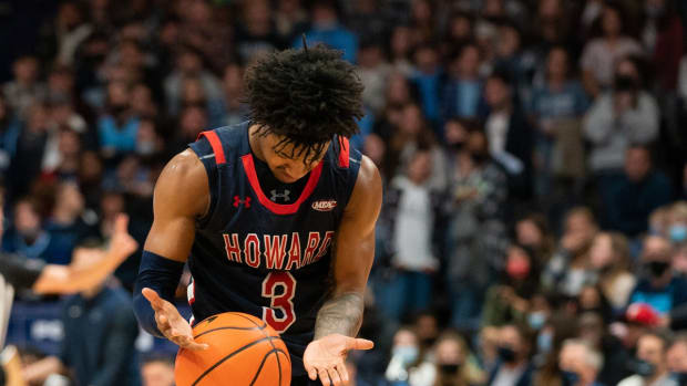 Nov 16, 2021; Villanova, Pennsylvania, USA; Howard Bison guard Elijah Hawkins (3) reacts after a foul against the Villanova Wildcats during the second half at William B. Finneran Pavilion. Mandatory Credit: Bill Streicher-USA TODAY Sports